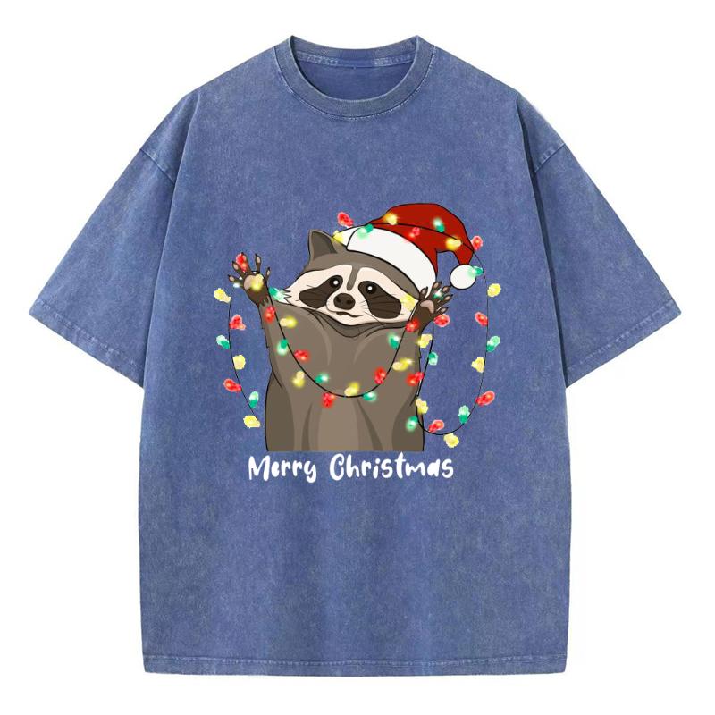 Christmas Cartoon Animal Print Women's T-Shirt New Oversized Washed Denim Short Sleeve Cute Casual Top