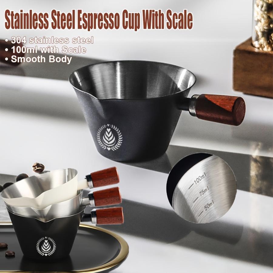 [Measuring Cup] Stainless Steel Espresso Cup | Wooden Handle & Dual Spouts