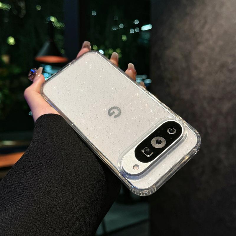 Glitter Clear Wireless Charge Magnetic Case For Google Pixel 9 Pro XL 8 Pro 8A TPU Soft Edge Shockproof Transparent PC Phone Cover
