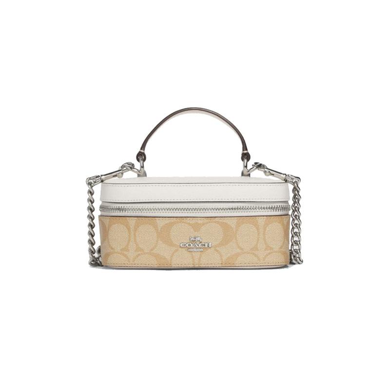 

COACH Canvas 18 Silver Metal Letter Logo Zipper Hardware Buckle Flap Cowhide Storage Bag Handbag Crossbody Bag Small Women s Brown and White серебряный