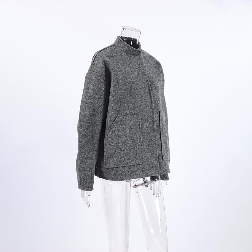 2026 Minimalist Grey Woolen Coat for Women – Early Autumn, Long Sleeve, Stand Collar, Loose Fit, Versatile High-end Top
