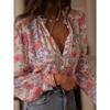 Blusa Boho Chic Estampado Floral Cuello en V Ribete de Encaje Botones