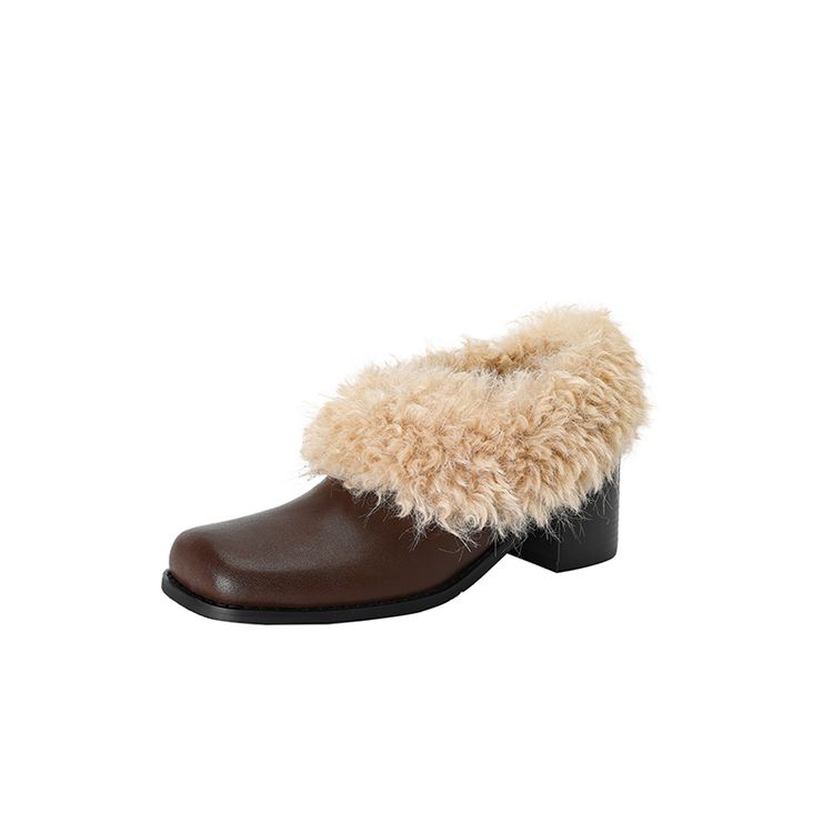 Fashion NEW Winter Women Pumps Square Toe Chunky Heel Shoes Split Leather Shoes for Women Slip-on Modern Shoes Elegant Plush Women Pumps