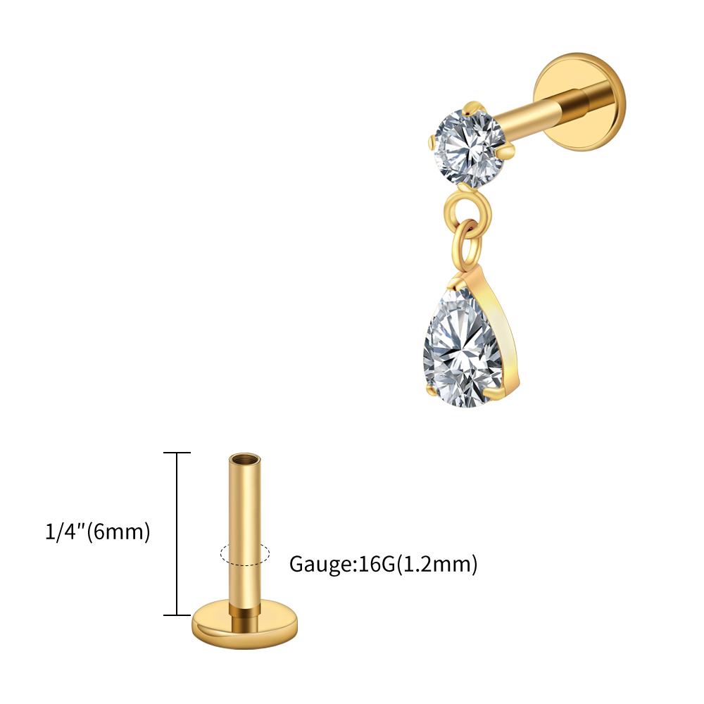 Right Grand ASTM F136 Titanium 16G Teardrop Dangle CZ Labret Stud Waterdrop Tragus Cartilage Earring Flatback Helix Piercing