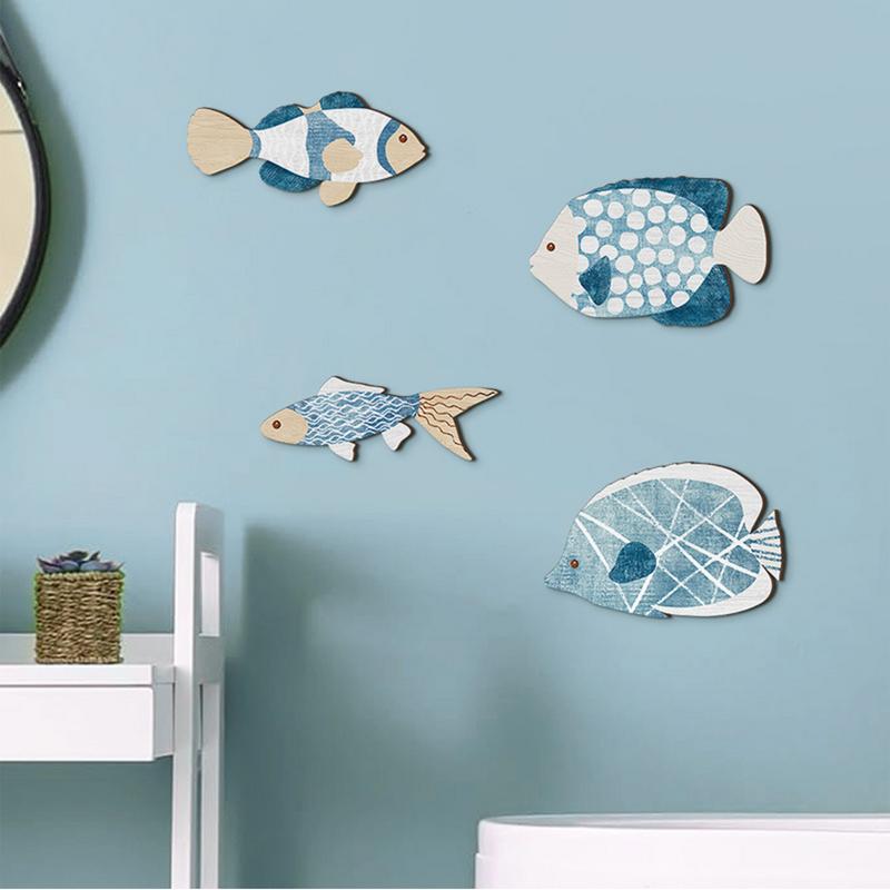 4PCS Mediterranean Wood Fish Wall Hanging Ornaments Wooden Fish Sculpture Decorations Coastal Beach Wall Hangings Ornaments
