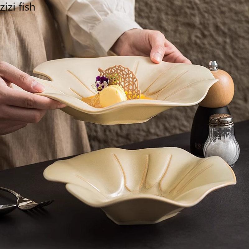Light Yellow Lotus Leaf Shaped Ceramic Deep Plate Irregular Salad Plate Dessert Thick Soup Plate Restaurant Creative Tableware