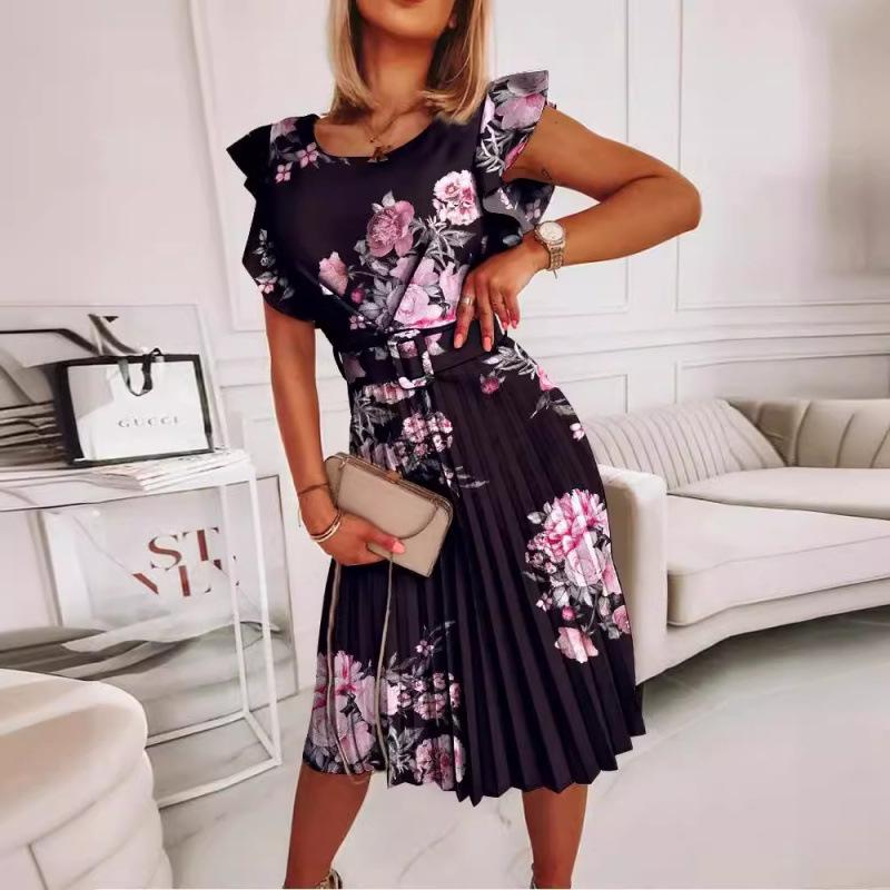 European & American Women's Ruffled Round Neck Dress with Printed Fitted Waist