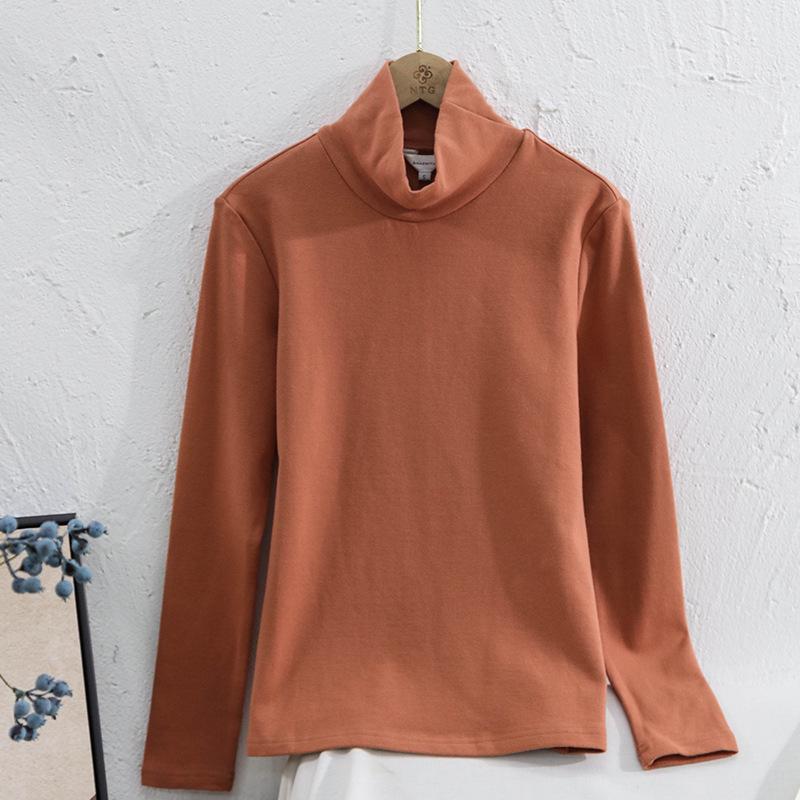 

Женская эластичная базовая футболка с высоким воротом 2025: Корейский стиль, однотонный, облегающий, универсальный, теплый топ для весны и осени. Small