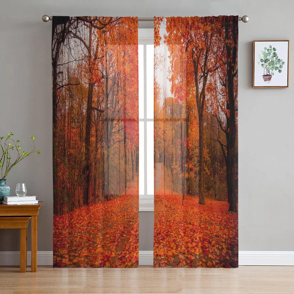 Maple Leaf Autumn Forest Landscape Tulle Curtains Living Room Bedroom Decoration Voile Window Party Drapes Curtain Sheer Polyester Ideal For Area