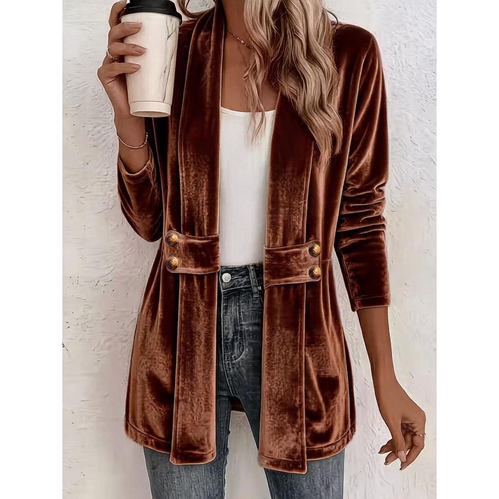 New Women's Double Breasted Decor Velvet Cardigan, Lazy Style Versatile Mid-length Top