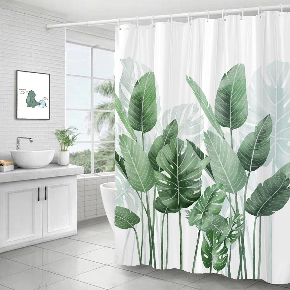 Green Leaf Plant Simple Nordic Printing Bathroom Shower Curtain Polyester Waterproof Home Decoration Curtain with 12 Hooks