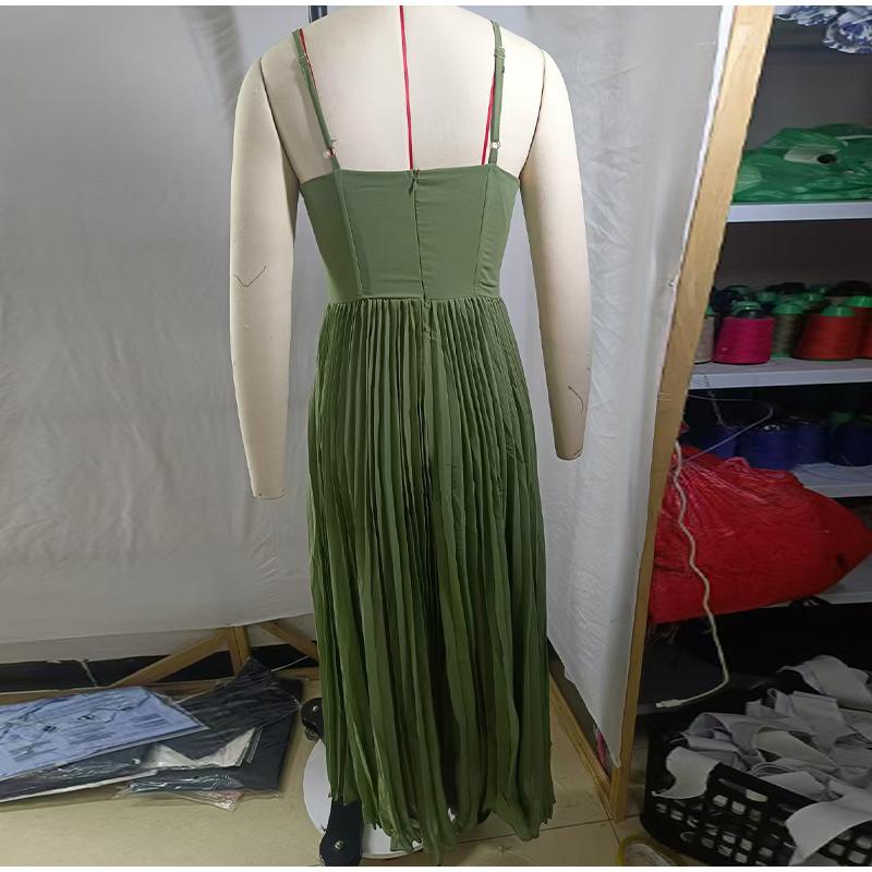 Damen Sexy Trägerloses Ausgeschnittenes A-Linien Langes Kleid Lässig Ärmellos Rückenfrei Reißverschluss Trägerkleid Neu Frühling Sommer Einfarbig Plissierte Kleider