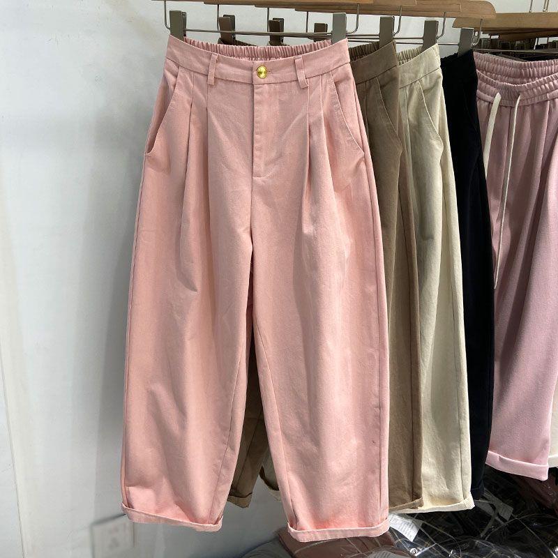 Women's Pink High-Waist Wide-Leg Carrot Pants - Loose Fit, Petite Nine-Point, Spring/Autumn 2026.