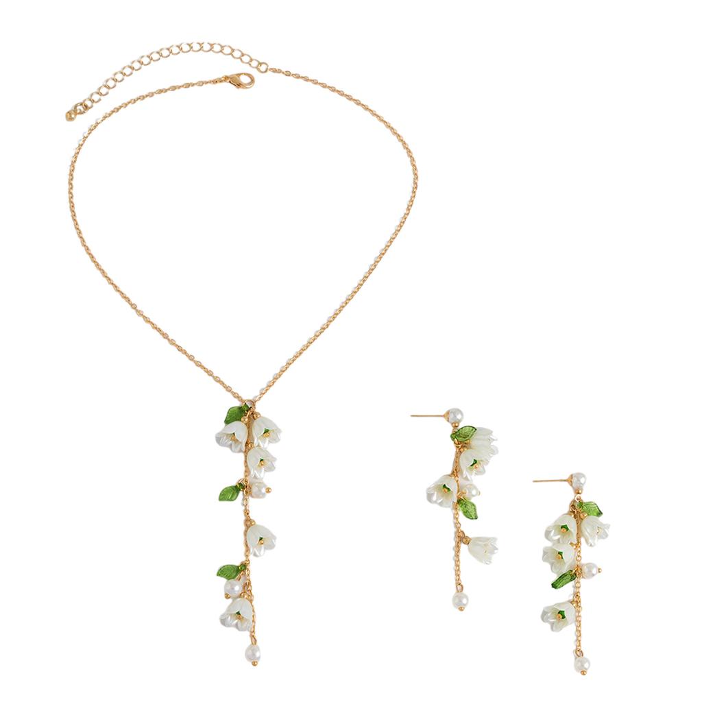Náušnice se zelenými listy a bílými tulipány, perlové střapce, elegantní květinový design, šperky z slitiny, textura pro dámy