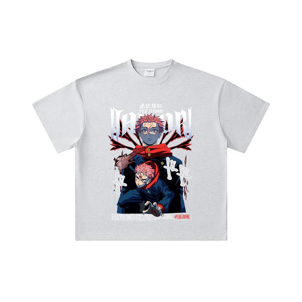 260 GSM Double Yarn 32 Count 100% Cotton Jujutsu Kaisen V20 Yuji Print Unisex Heavy Cotton T Shirt