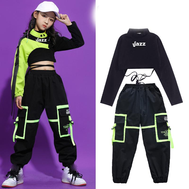 

Одежда для танцев в стиле хип-хоп для девочек, короткий топ + короткий рукав + эластичные брюки, комплект из 3 предметов спортивной одежды 120