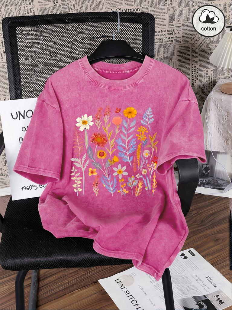 Beautiful Flowers And Ferns Prints Washed TShirts Women Cotton Oversized T Shirt Summer Short Sleeve Tops Casual ONeck Clothes