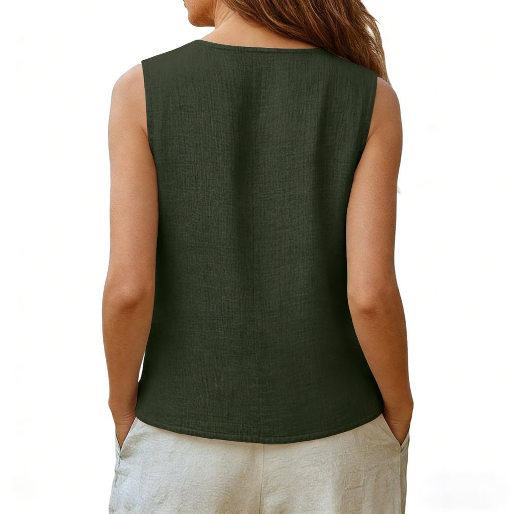 Dames Katoen Linnen Tanktops V-hals Los Casual Shirts Mouwloos Zomer Shirts Wrap Strik Shirt Camisole