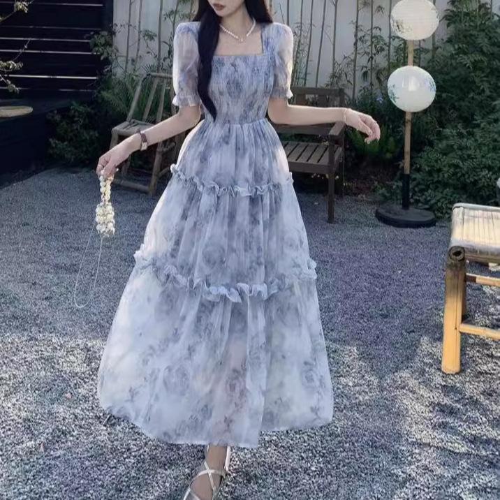 Retro square collar pure desire floral dress women's summer new super fairy Mori waist thin fungus edge long skirt