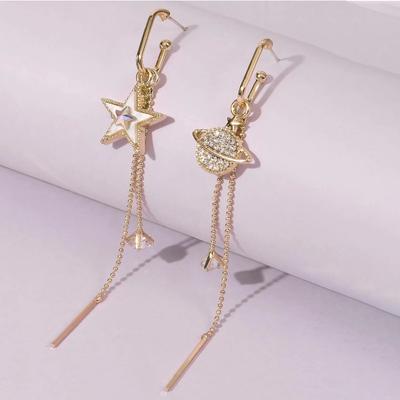 New Design Universe Star Asymmetrical Diamond Stud Earrings, Fashionable Temperament Long Alloy Earrings