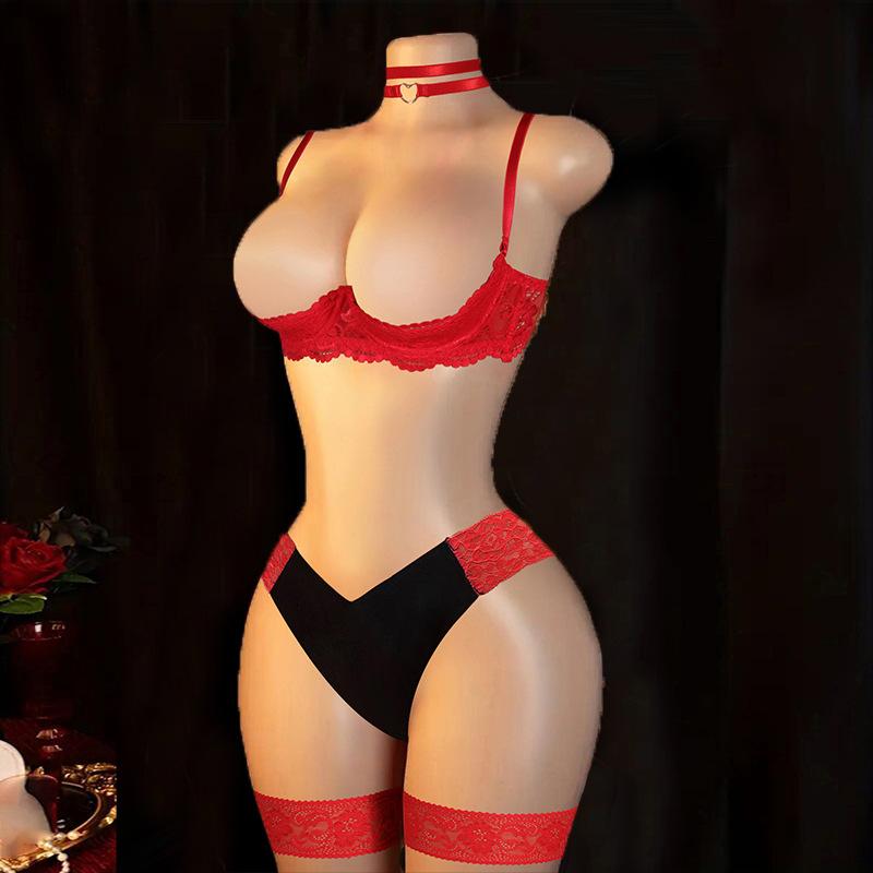 Sexy Women's Bra Panties Lace Set with Leg Rings Neck Rings Sex Underwear