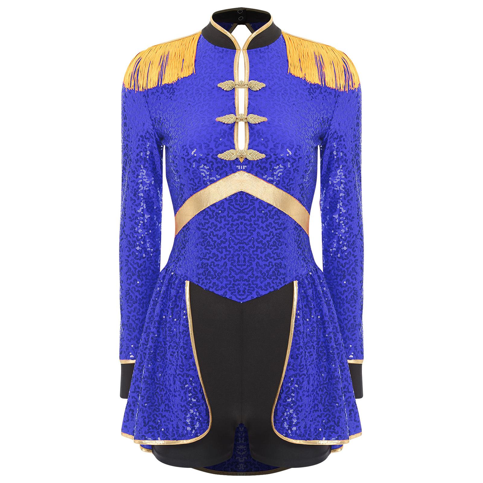 

Women Circus Magician Cosplay Bodysuit Long Sleeve Sequins Fringe Epaulet Ringmaster Drummer Halloween Costume S королівський синій колір