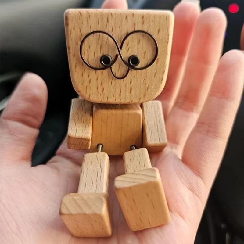 Christma Shaking Man Statue Wooden Man Figurines With 12 Replacement Expression Unique Car Dashboard Decoration Desktop Ornament