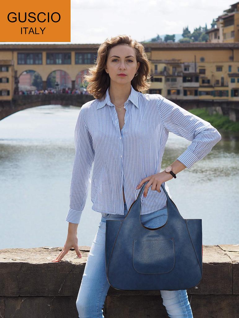 Guccio A4 Tote Bag and Shoulder Bag PU and Stylish Women's Set, Leather, Lightweight, Cute, (Navy)