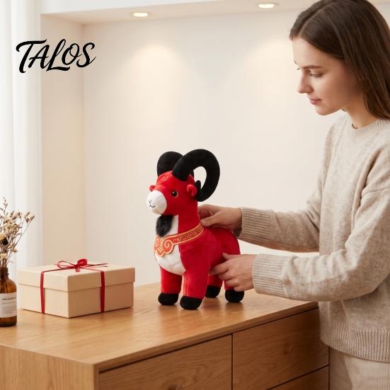 Lucky Prosperity Ornament Auspicious Standing Sheep Plush Toy, Chinese New Year Zodiac Lamb of The Gift Doll with Red Velvet And Gold Embroidery,