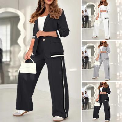 Conjuntos de Blazer de 2 Peças para Mulheres Jaqueta de Lapela Solta Moletom Calças de Perna Larga de Cintura Alta Conjunto Casual Business Roupa Elegante