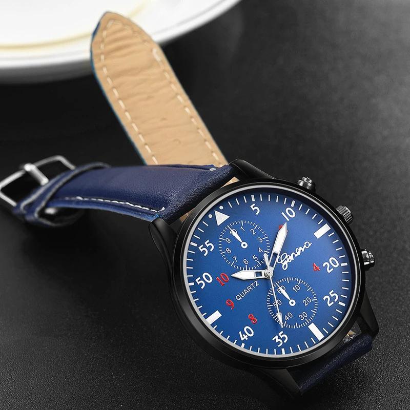 New Casual Luxury for Men Business Men Watch GENEVA Man Sport Bracelet Quartz Wrist Watch Leather Band Black Leather Fashion