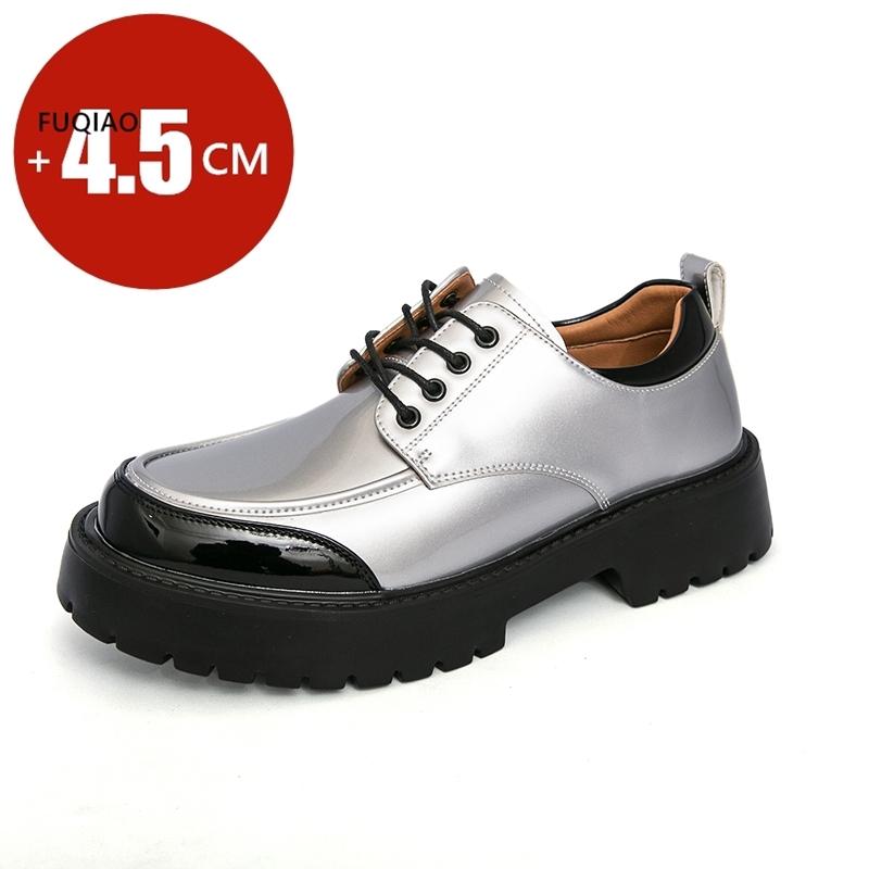 Fashion Thick Sole Shoes Men Business Casual Glossy Leather Dress Shoes Increase Height 4.5cm Casual Shoes Black White Gold Silver