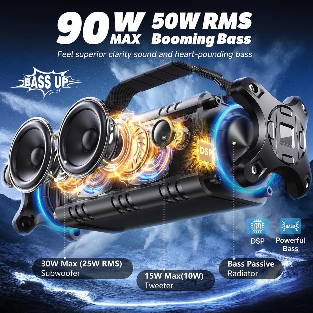50W Bluetooth IPX6 Waterproof Portable Wireless Speaker with Deep 40 Hours of Enhanced Bass Power Bluetooth TF Card and NFC W-KING (90W Peak) Speaker,
