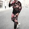 Men Contrast Panel Rose And Skull Art Print Long Sleeve Sweatshirt Jogger Pants Two Piece Suit