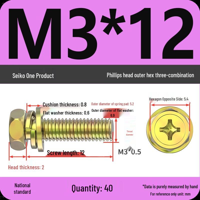 Concave Head Hexagon Combination Bolt Set with Spring Washer and Gasket - 3 Pieces