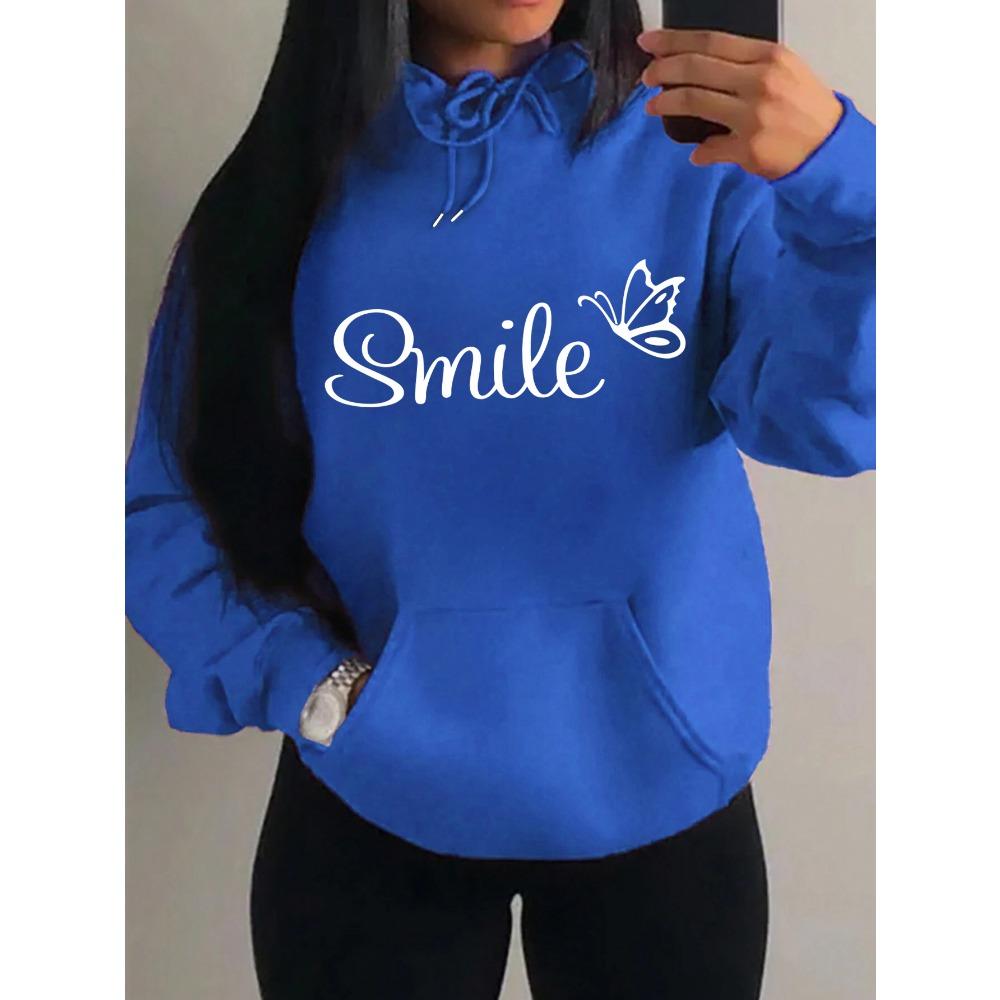 Smile Font Language Butterfly Pattern Hoody For Women Sport Pocket Clothing Cute Multicolor Streetwear Fashion Hoodies