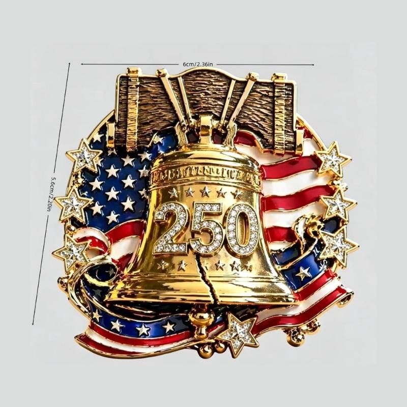 American Flag Brooch Pin with 250th Anniversary Liberty Bell Theme, Gold Tone Decorative Accent for Shirts Scarves Hats Bags and Gift Giving