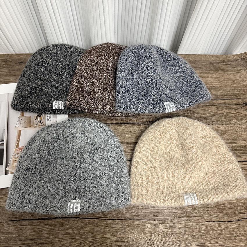 New double-layer blended wool hat with small face, cloth label warm knitted hat, simple and versatile cold hat in autumn and winter