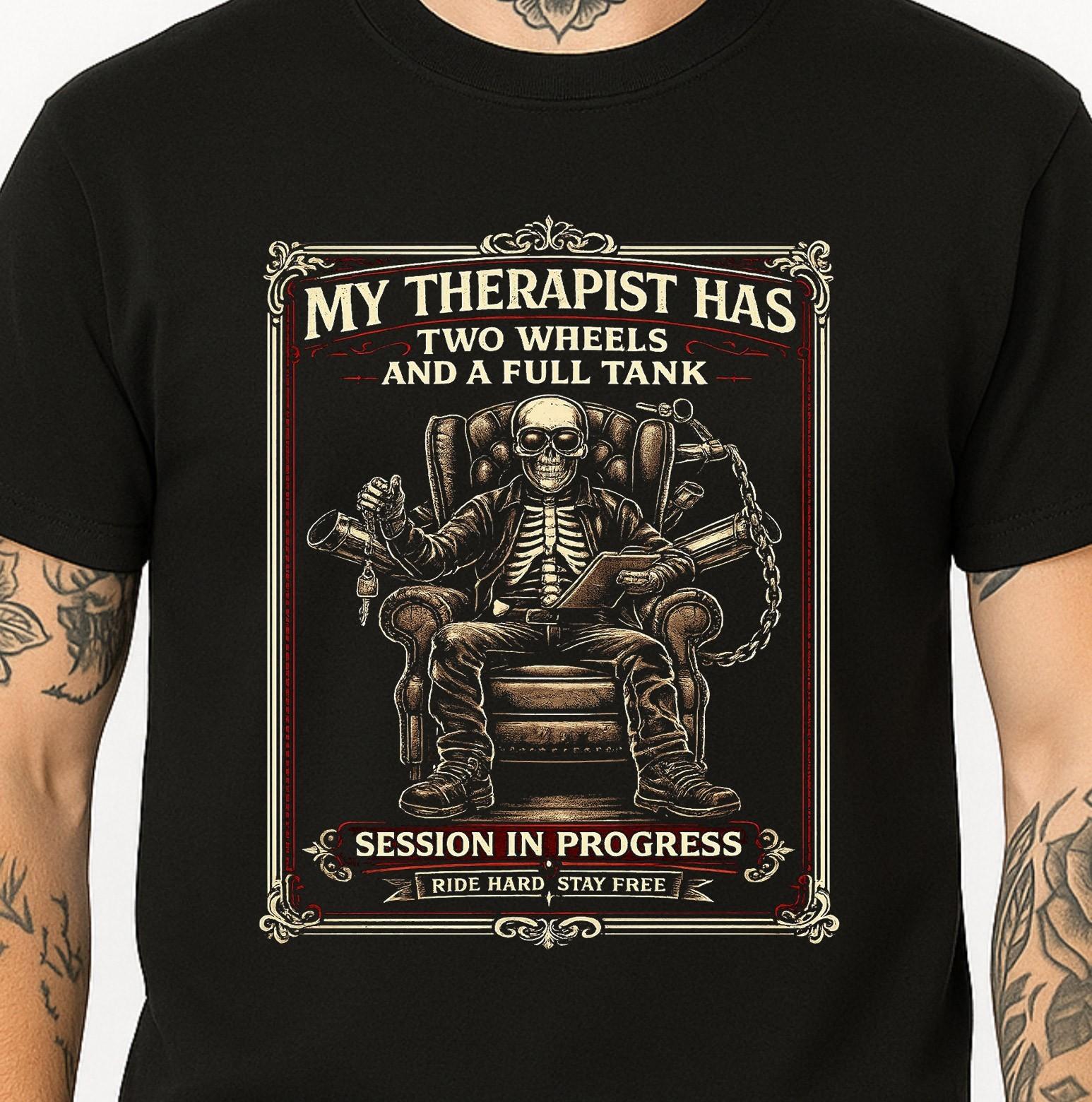 Skull Biker T-Shirt My Therapist Has Two Wheels Motorcycle Funny Vintage Tee. XXL