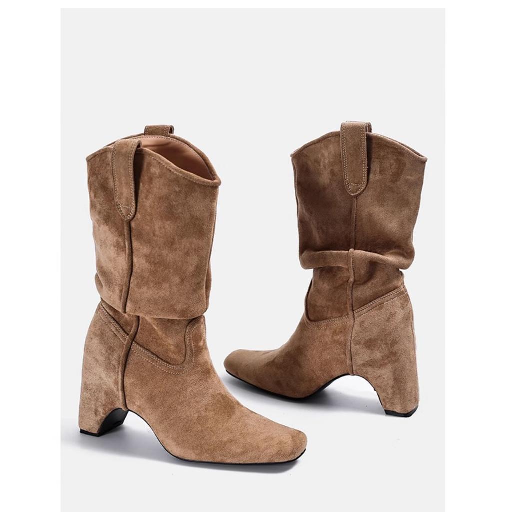 Square head pleated stacking boots 2025 new thick heel V mouth western cowboy boots retro thin sleeve knight short boots