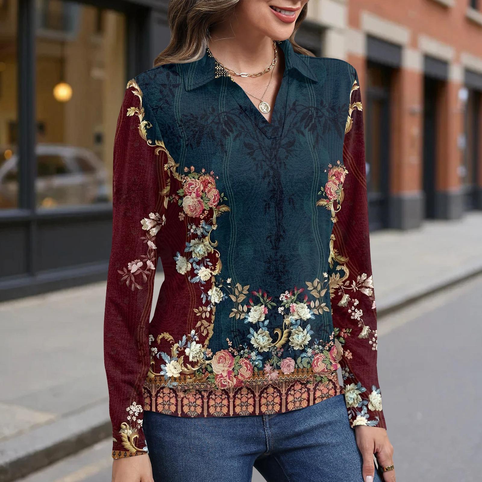 

Women s retro printed fashionable long-sleeved top S