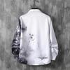 Men's Long Sleeve Printed Chinese Style Shirt Standing Collar Button Elegant Top