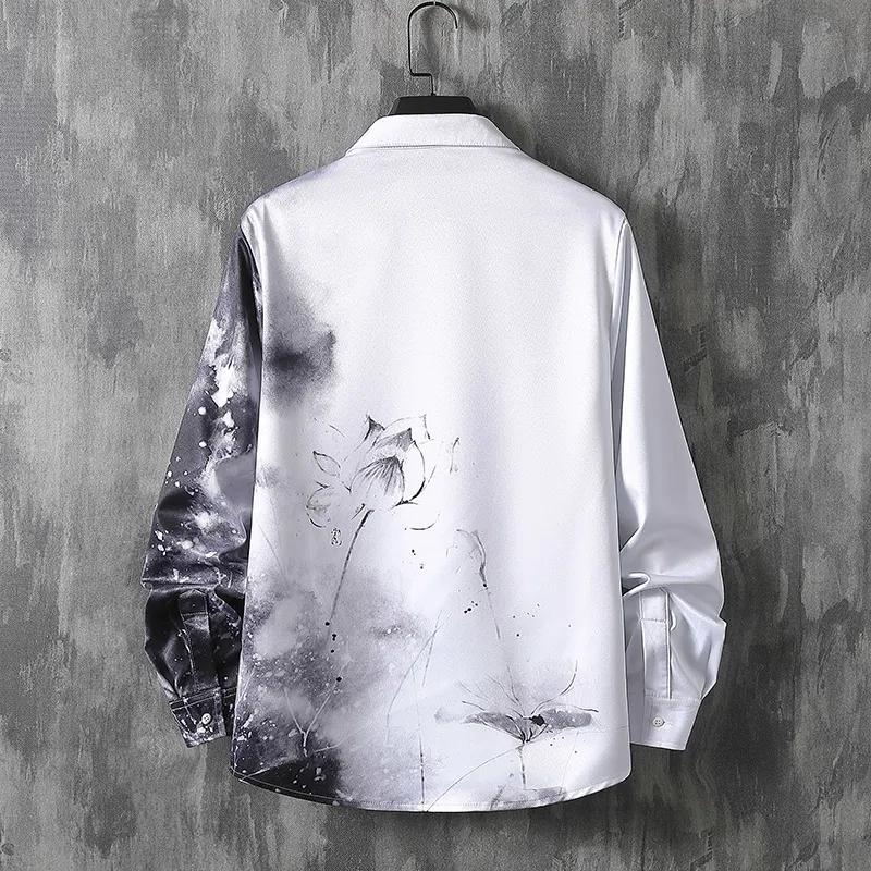 Men's Long Sleeve Printed Chinese Style Shirt Standing Collar Button Elegant Top
