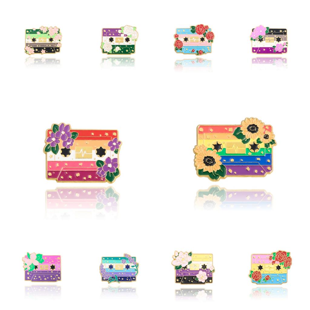Fashion Flower Cassette Radio Tapes Enamel Brooch Retro Pride Badge Pin Women Men Hats Bags Lapel Decoration Gift Accessories