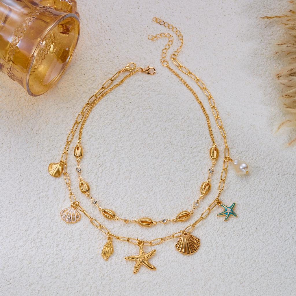 Boho Beach Multilayer Necklace For Women Colorful Beaded Silk Scarf Starfish Shell Pearl Choker Summer Vacation Party Jewelry