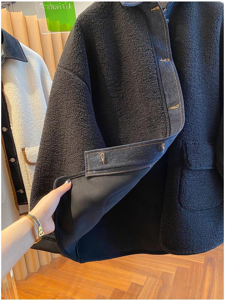 Women's Loose Fit Denim Patchwork Lambswool Jacket - Korean Style Autumn/Winter Plus Size Fur Top