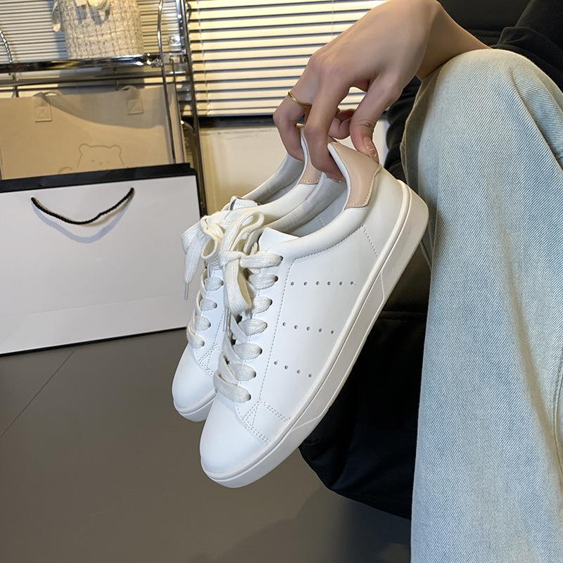 Classic Style Soft Round Toe Color-Blocking Breathable Lace Up Casual White Shoes