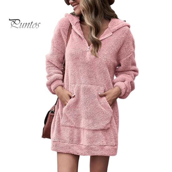 

Женское платье с капюшоном и большим карманом, с длинными рукавами, из плотного плюша, однотонное, свободное мини-платье, повседневная одежда, повседневный топ средней длины M розовый