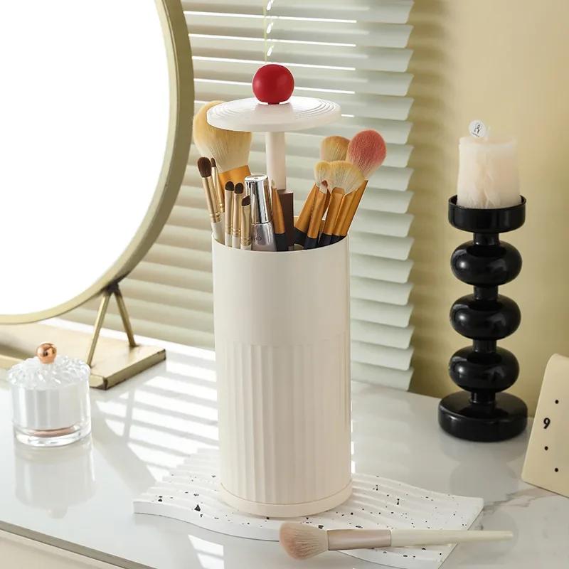 Hot Makeup Brush Storage Container with Dust-proof Belt Cover, Automatic Lifting Brush Bucket, Desktop Beauty Brush Storage Box