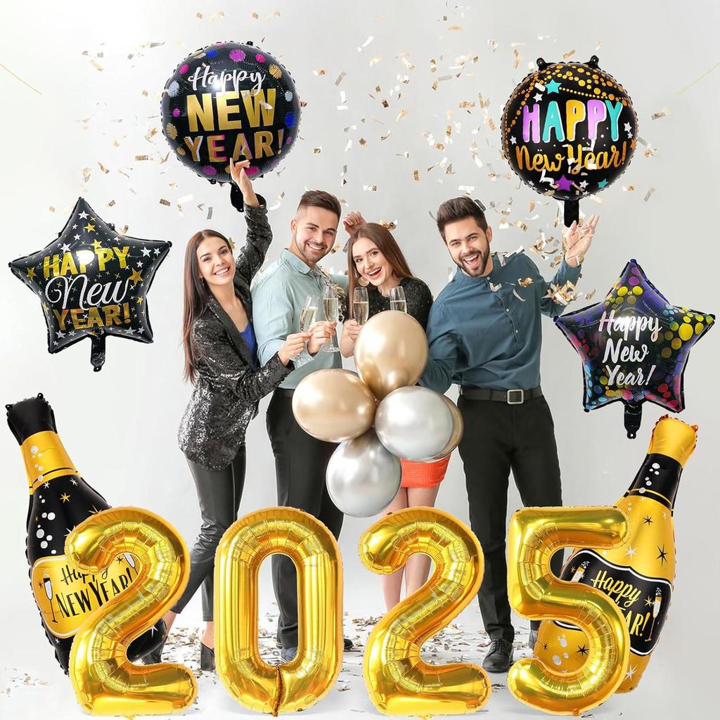 2026 Happy New Year Black Gold Balloon Set – Digital and Foil Decorations